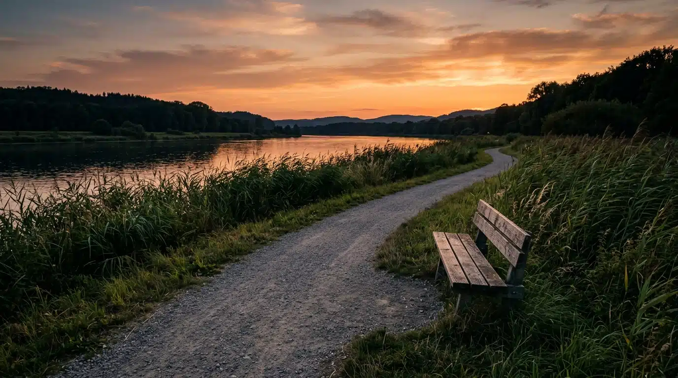 Chemin désert longeant un fleuve au crépuscule