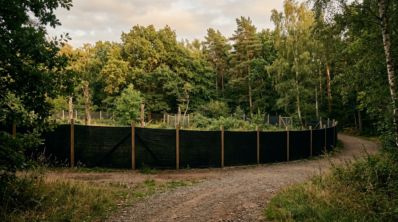Écran noir dressé autour d'un enclos de parc animalier