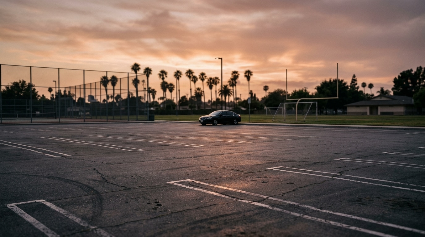 Parking désert d'un terrain de sport californien au crépuscule