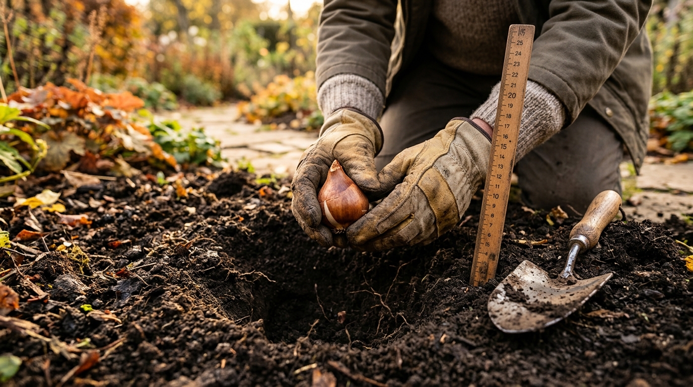 Mains plantant un bulbe de tulipe dans un trou profond