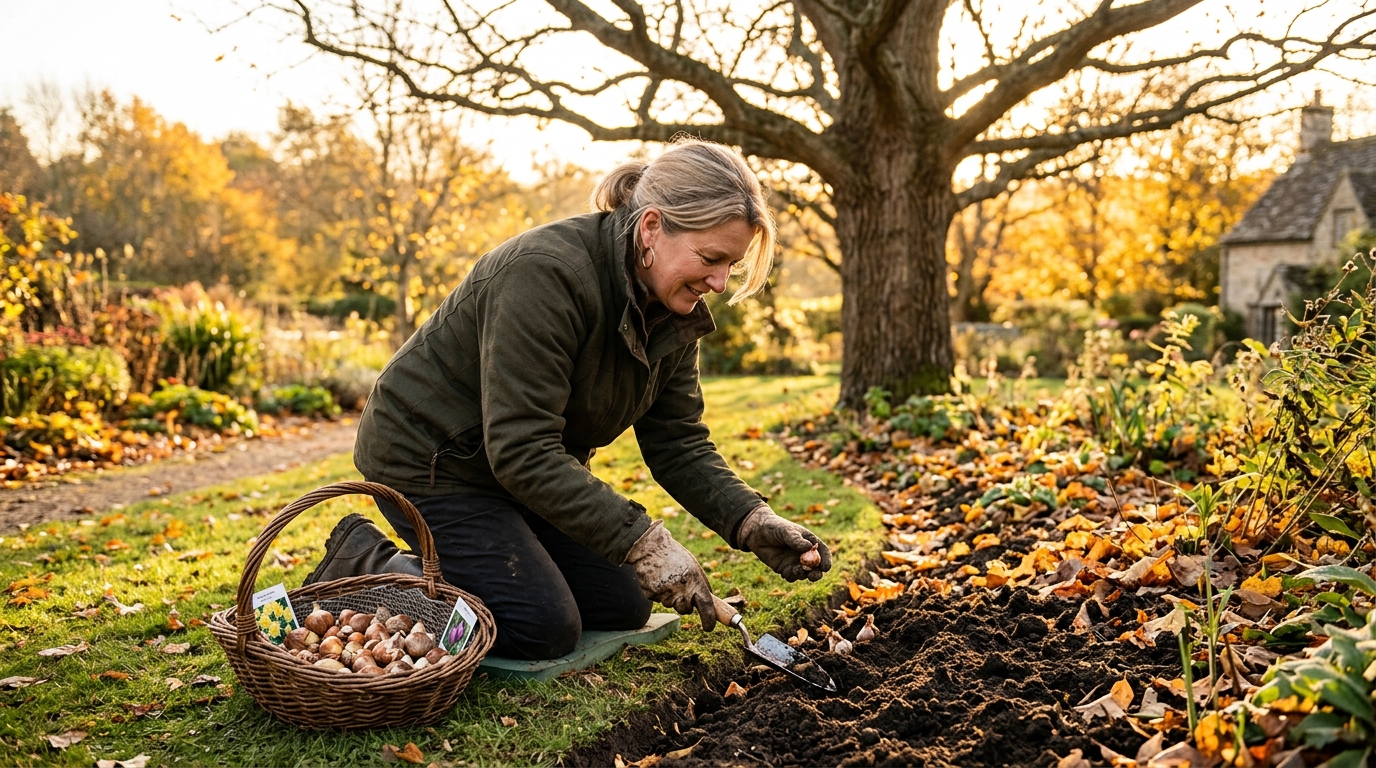 Femme plantant des crocus sous un arbre en automne