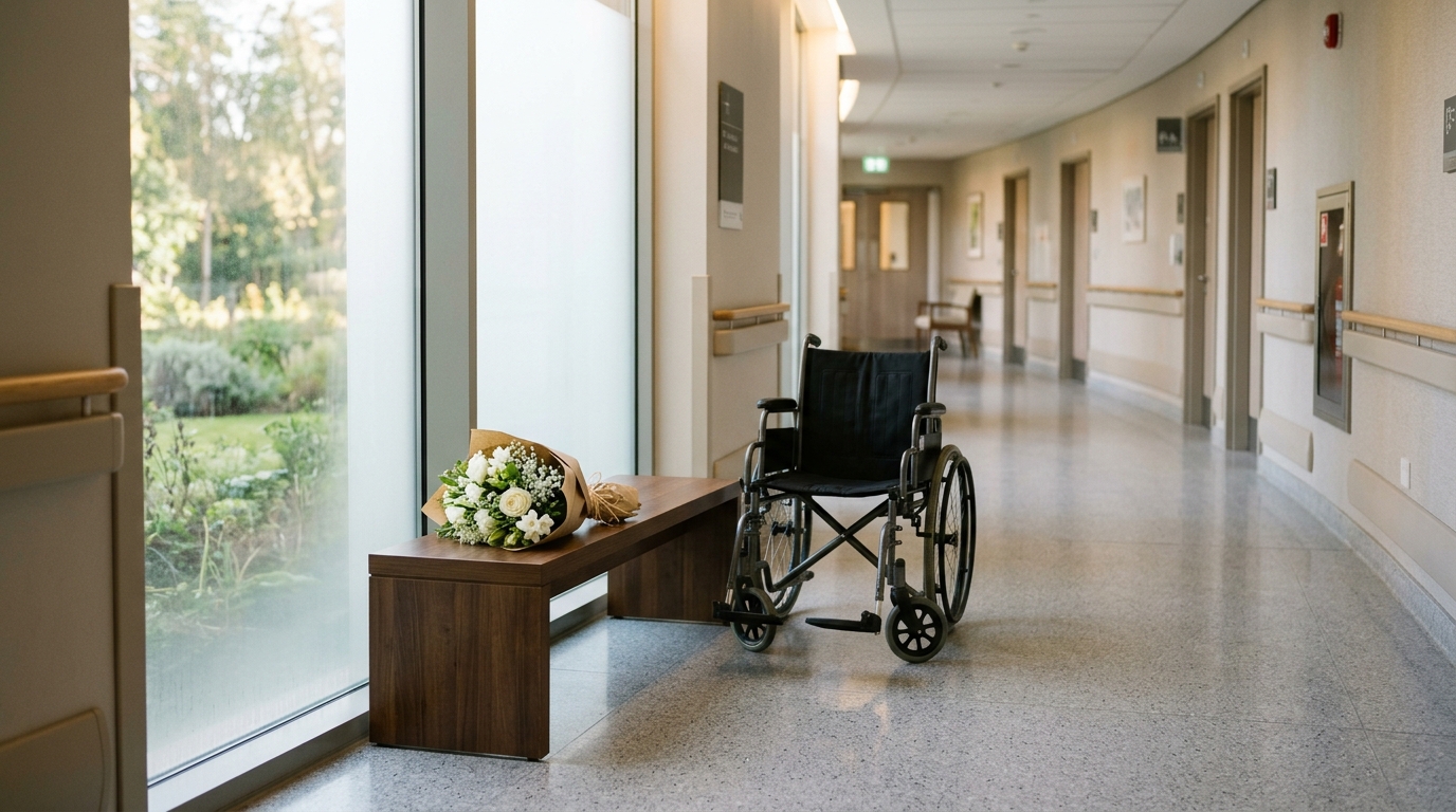 Couloir d'hôpital lumineux avec bouquet de fleurs blanches