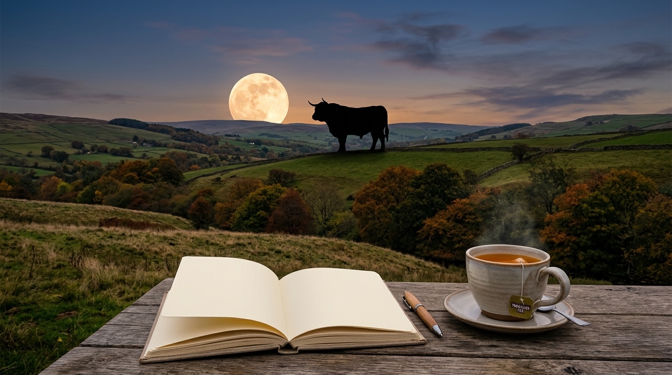 Pleine lune sur des collines avec carnet et tasse de thé