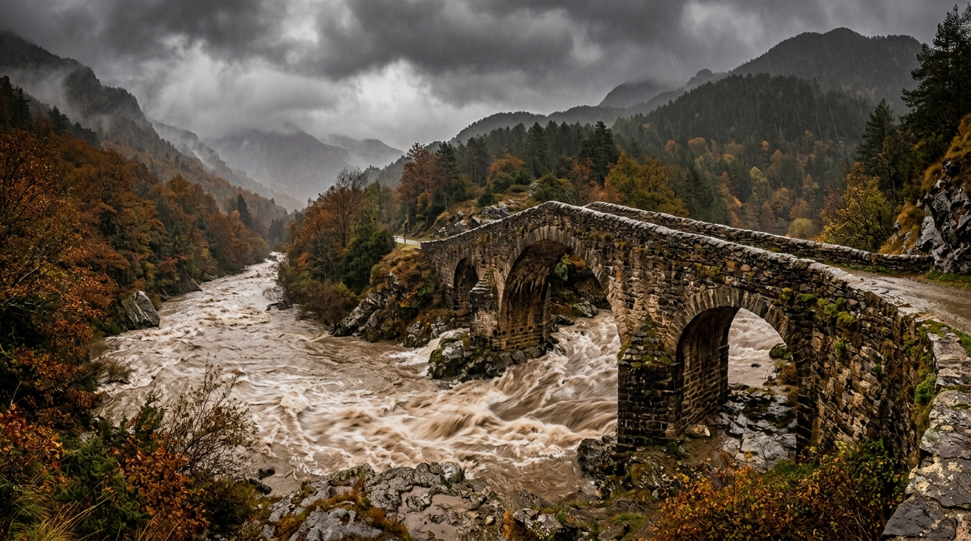 Rivière en crue sous un vieux pont de pierre