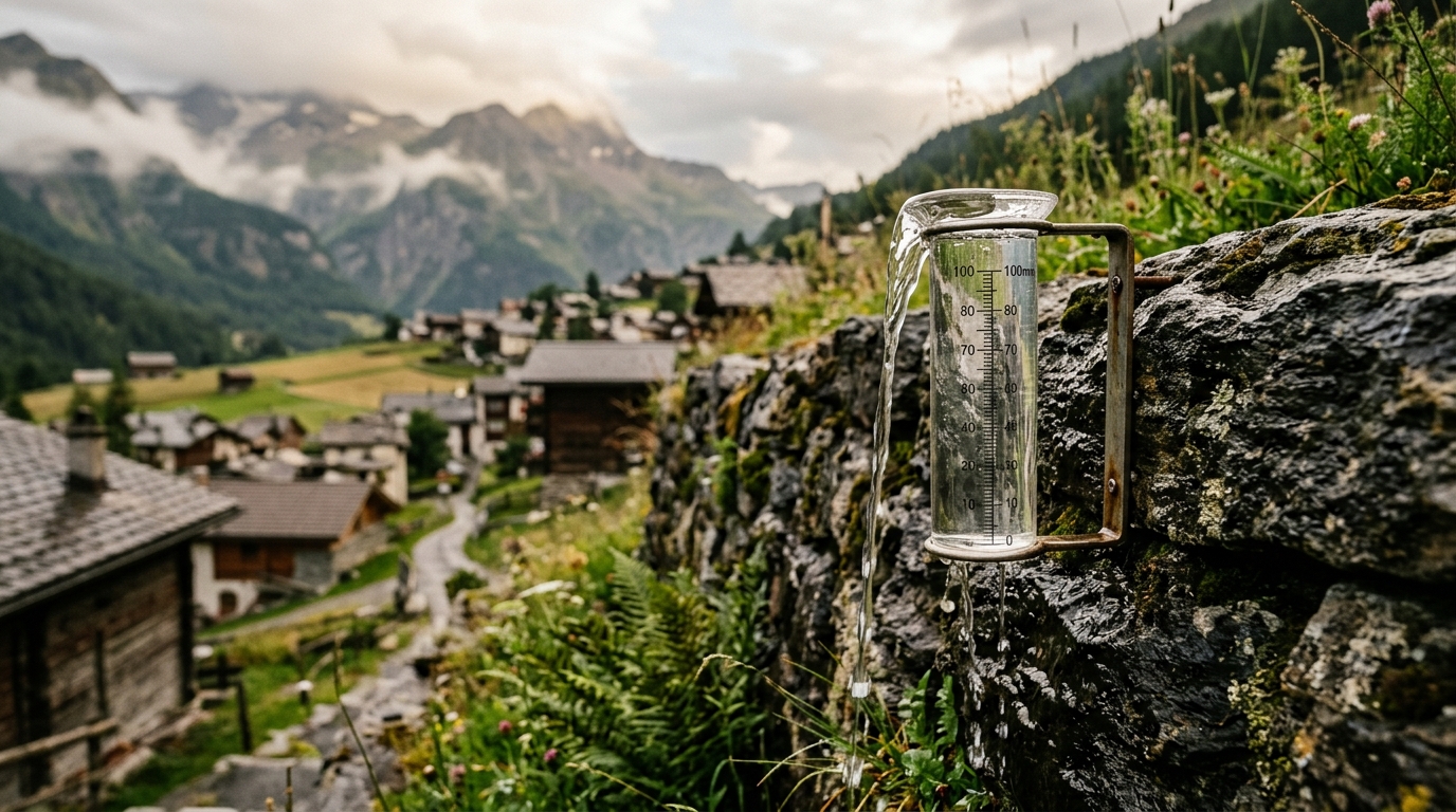 Pluviomètre qui déborde devant un village de montagne
