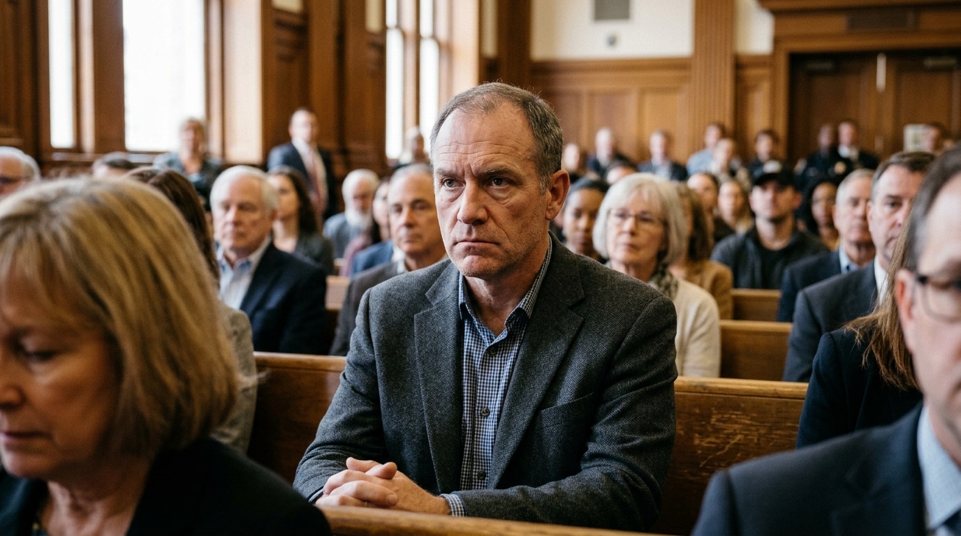 Homme tendu assis dans une salle de tribunal