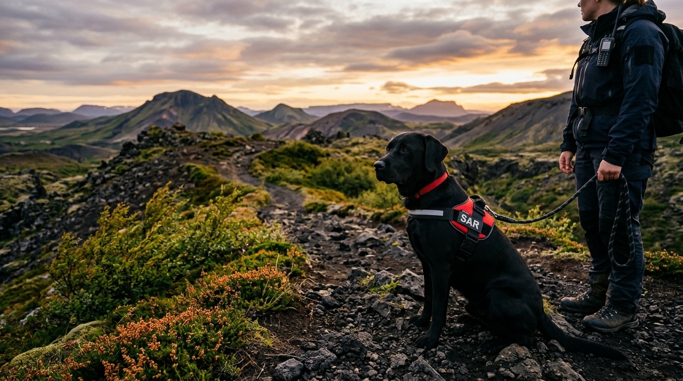 Chien de recherche labrador sur un sentier volcanique
