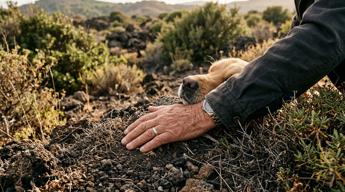 Museau de chien contre la main d'un homme