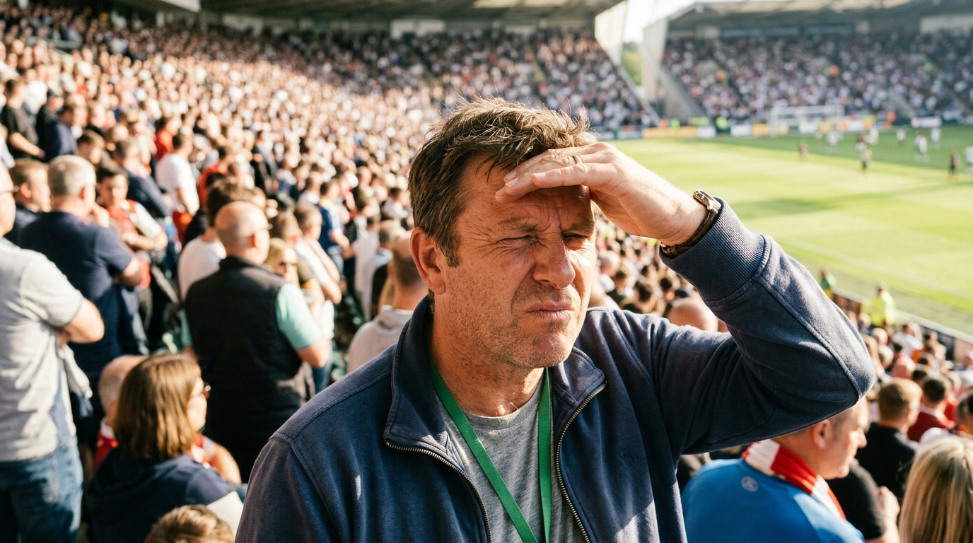 Spectateur plissant les yeux sous le soleil dans un stade