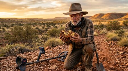Chercheur d'or australien émerveillé devant sa pierre rouille