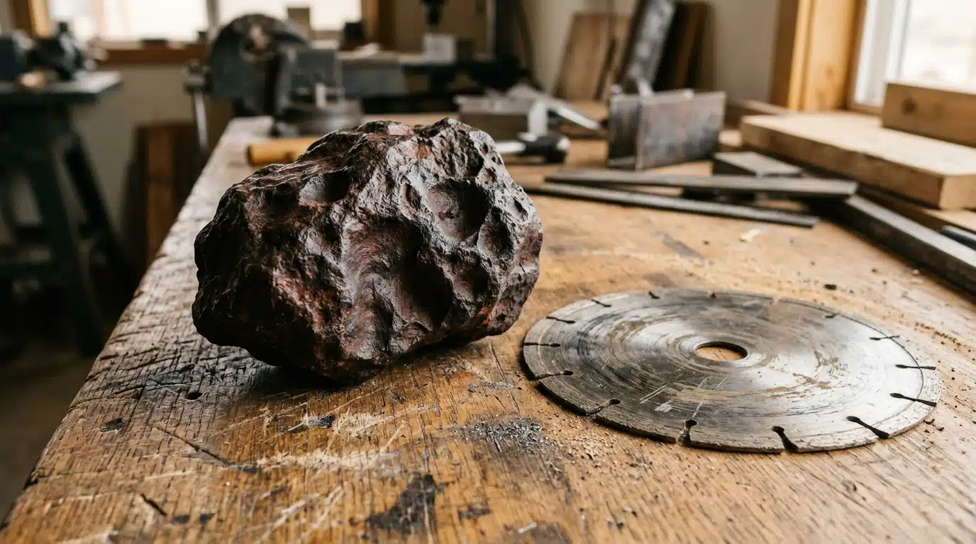 Météorite rougeâtre à croûte de fusion posée sur un établi