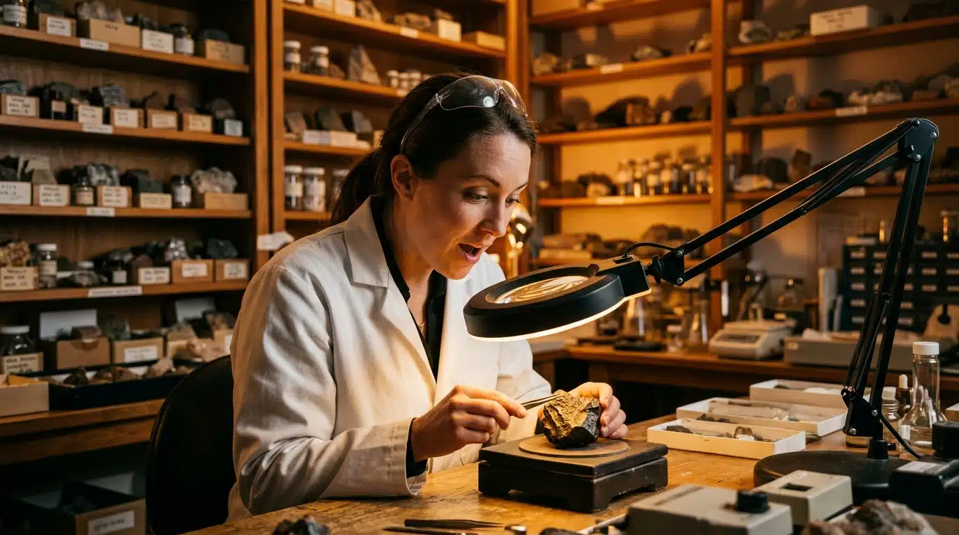 Scientifique examinant un fragment de météorite en laboratoire