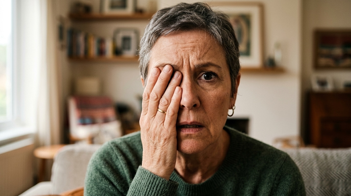 Adulte inquiet cachant un œil de la main