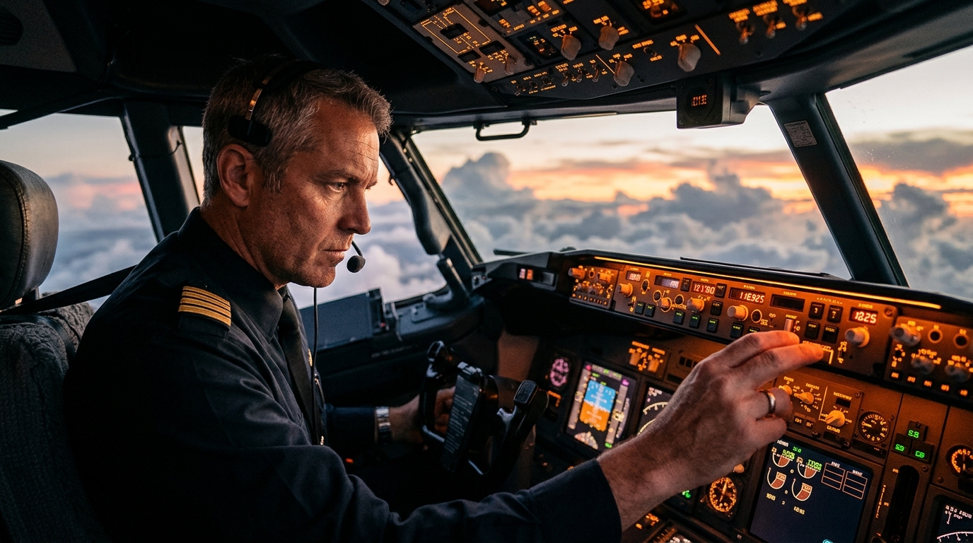 Pilote concentré dans le cockpit au coucher du soleil