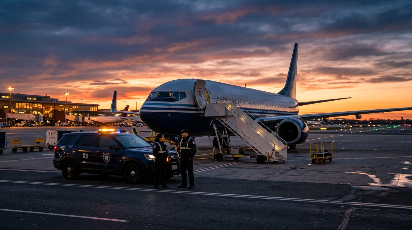 Avion sur le tarmac attendu par des agents de sécurité
