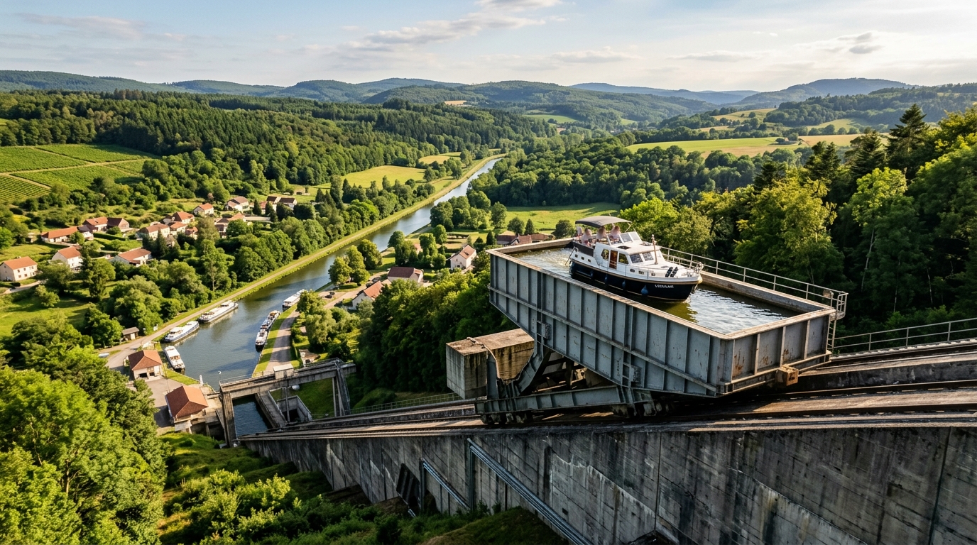 Bac d'acier portant un bateau sur une rampe inclinée