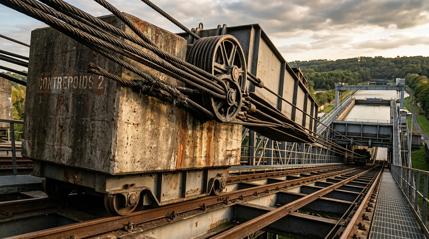 Câbles d'acier et contrepoids en béton sur rails
