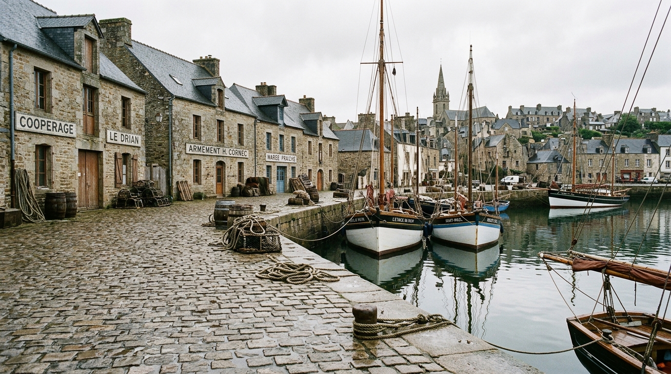 Quai de port breton d'époque, ambiance brumeuse du début du XXe siècle