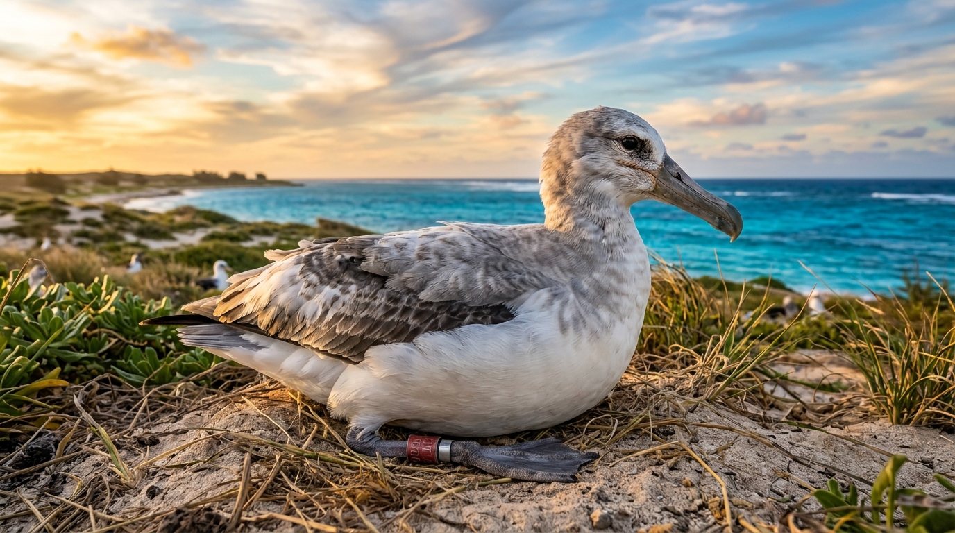 Albatros de Laysan âgé avec une bague rouge sur son nid