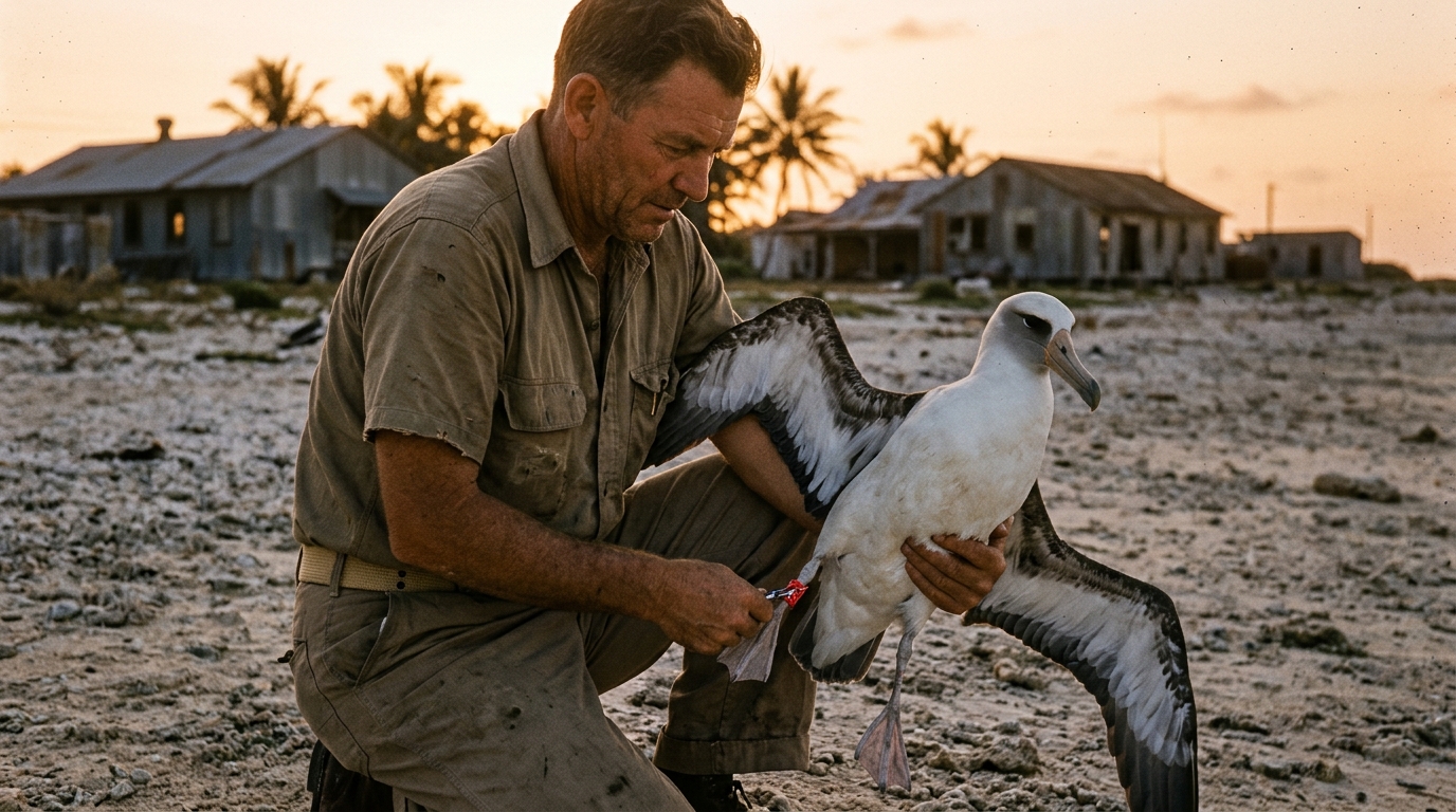 Biologiste des années 1950 baguant un albatros sur l'atoll de Midway