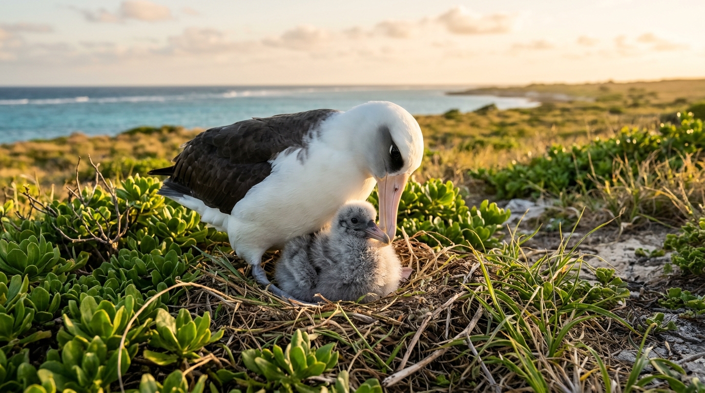 Albatros lissant le duvet de son poussin sur son nid