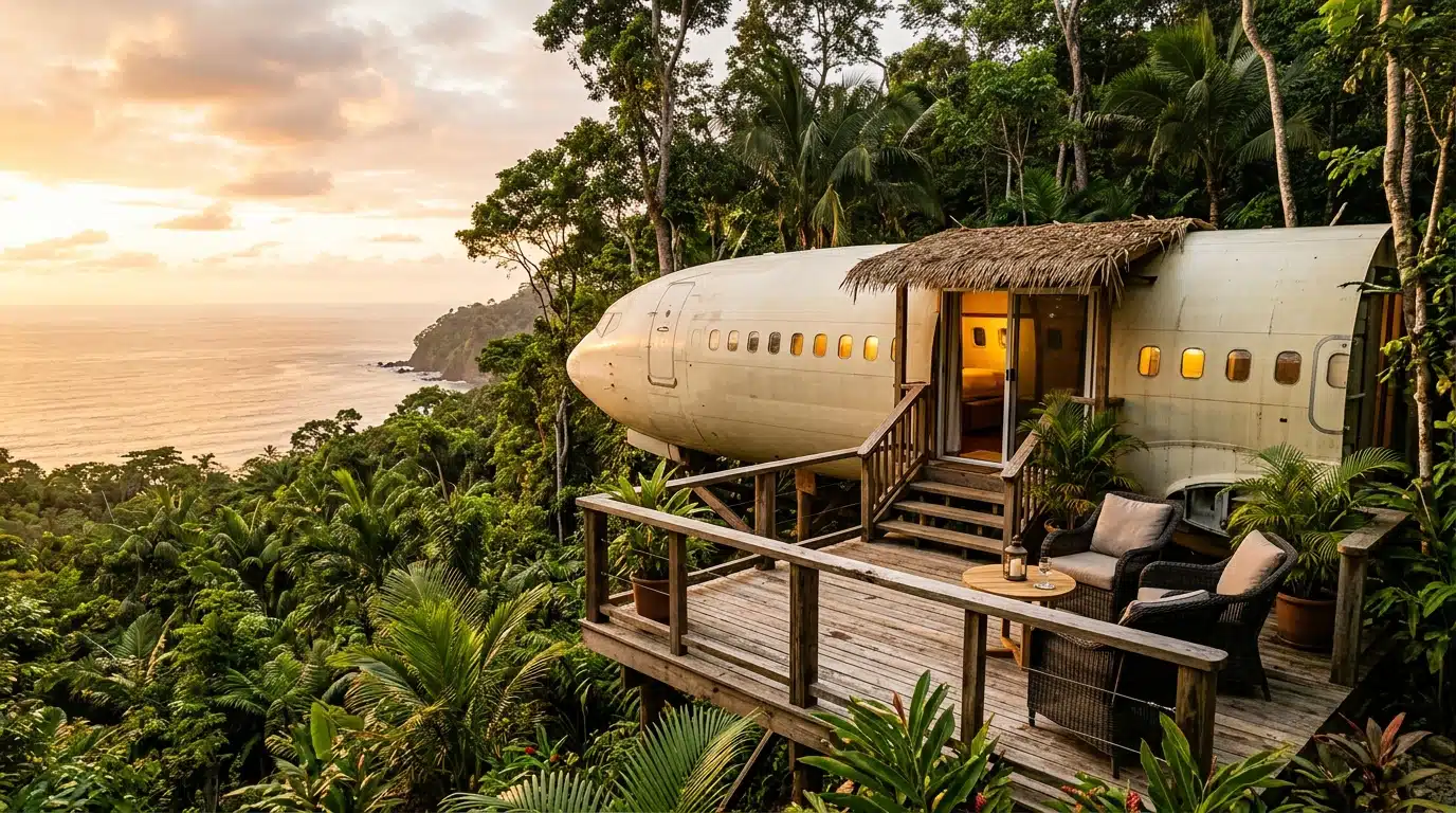 Fuselage d'avion transformé en suite dans la jungle