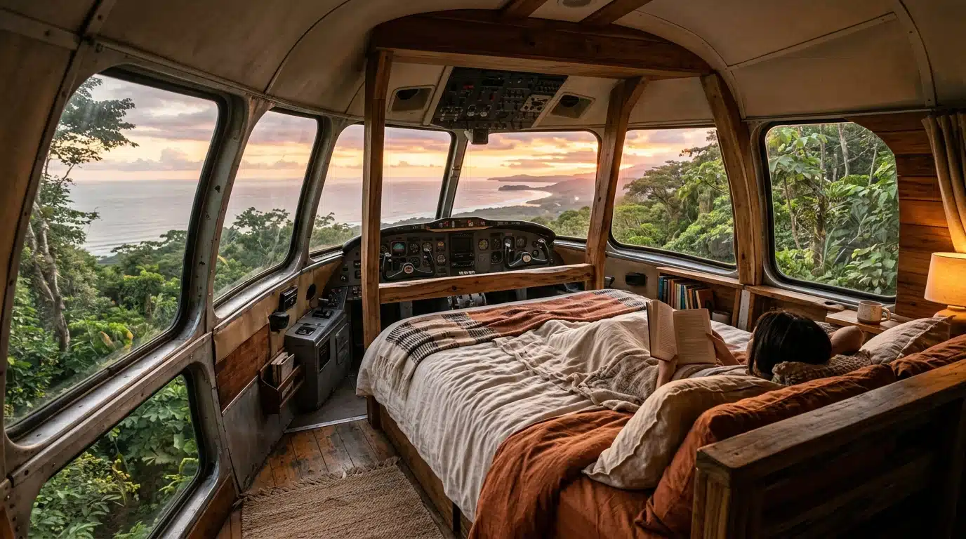 Chambre aménagée dans un cockpit face au coucher de soleil