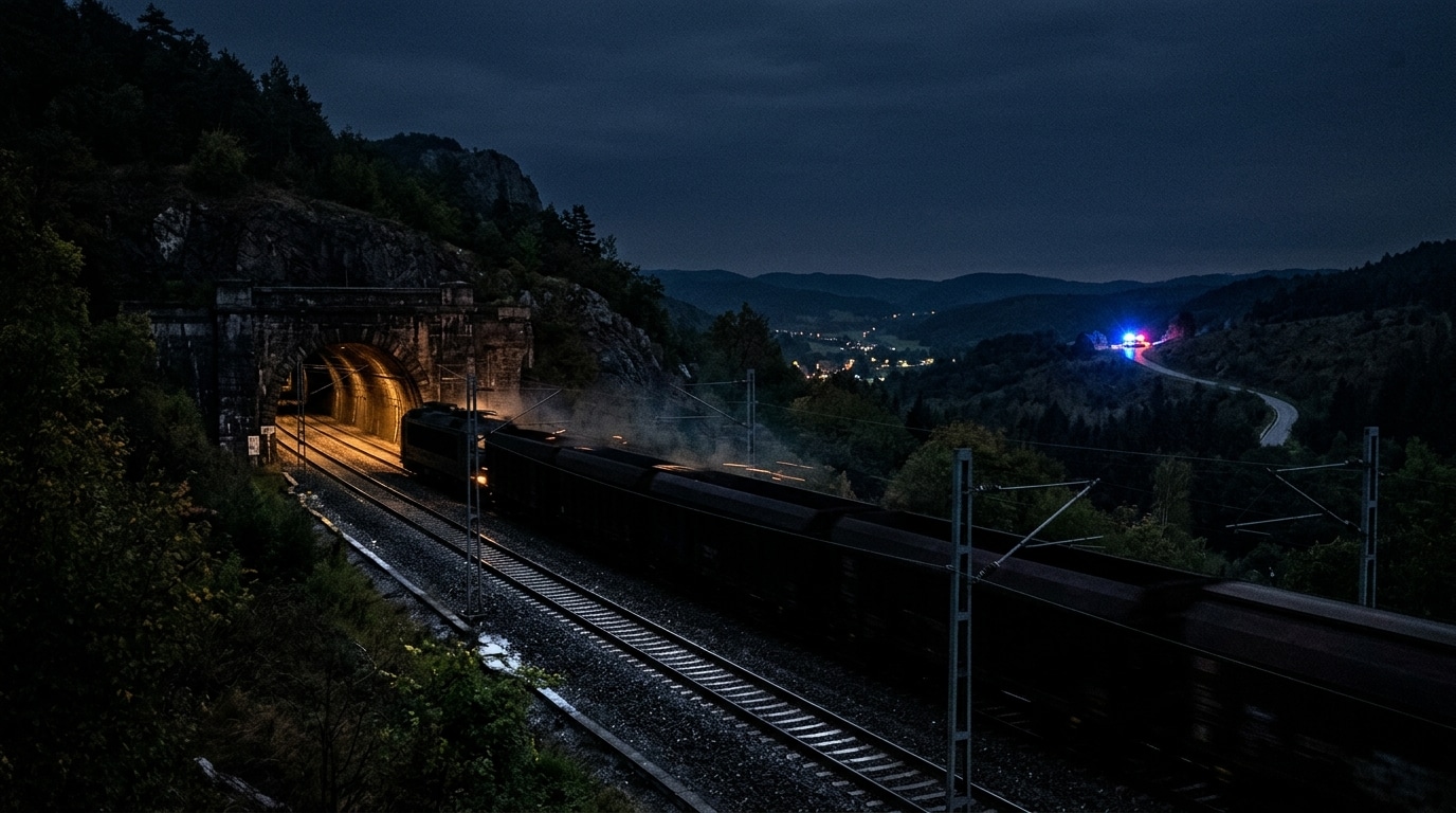 Voie ferrée menant à un tunnel de nuit, lumières de secours