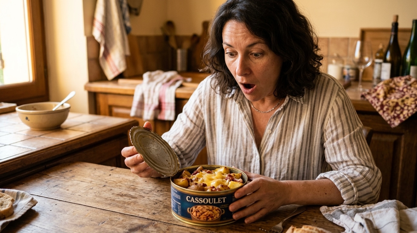 Boîte de cassoulet ouverte avec de la tartiflette à l'intérieur