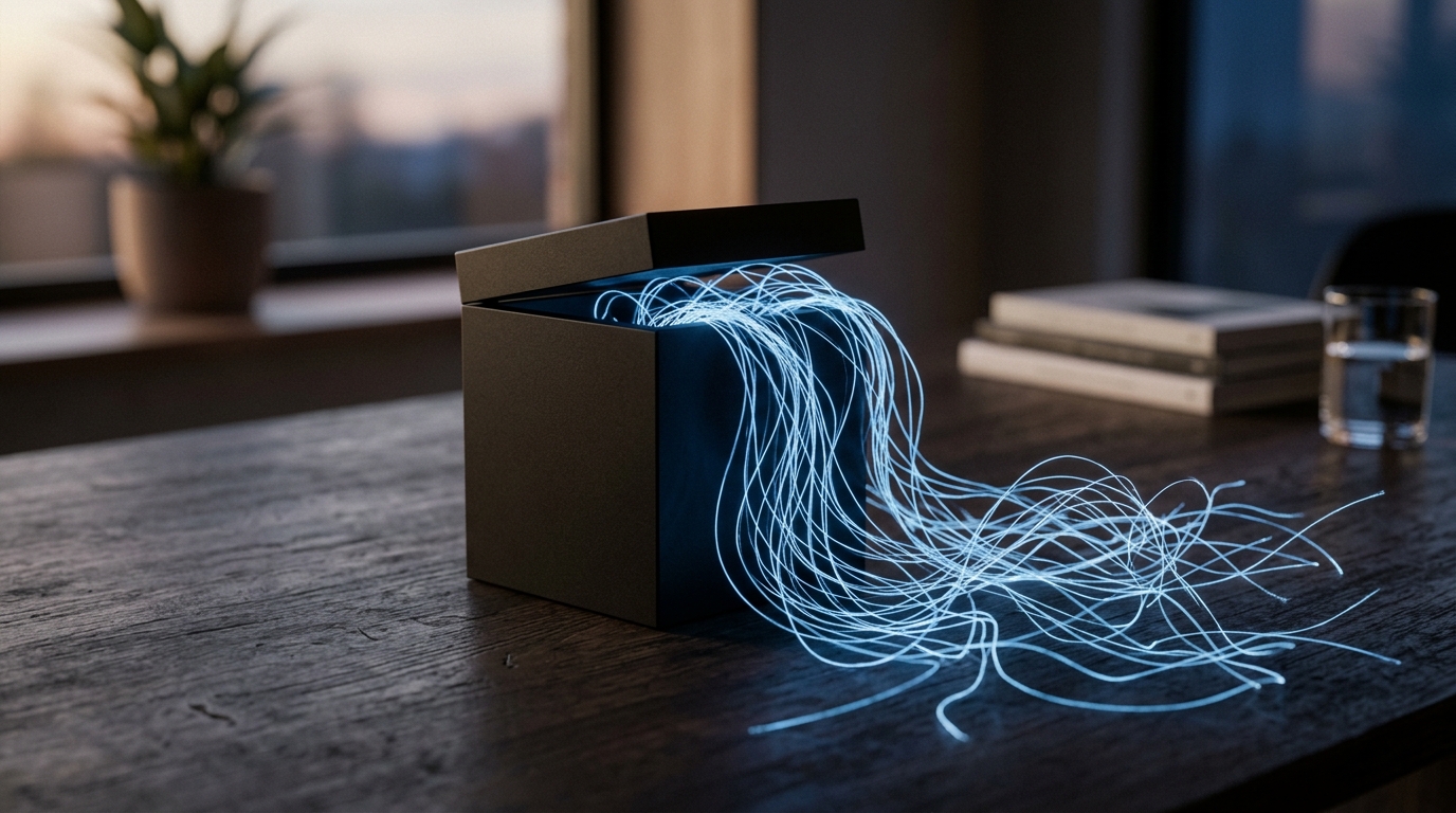 Cube noir entrouvert laissant filtrer une lumière bleue