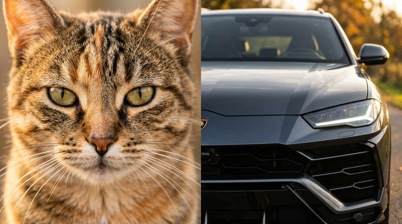 Visage de chat et avant de voiture formant un V
