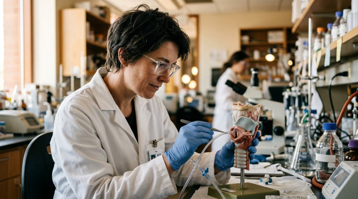 Un chercheur étudie un larynx de chat en laboratoire