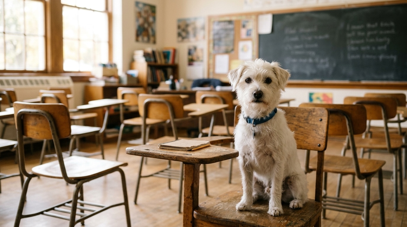 Petit chien blanc assis à un bureau d'école