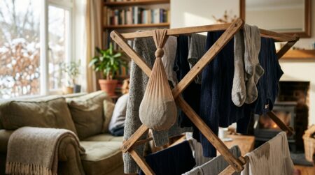 Collant rempli de litière accroché à un étendoir de linge