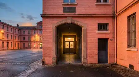 Façade d'une morgue hospitalière à Toulouse au crépuscule