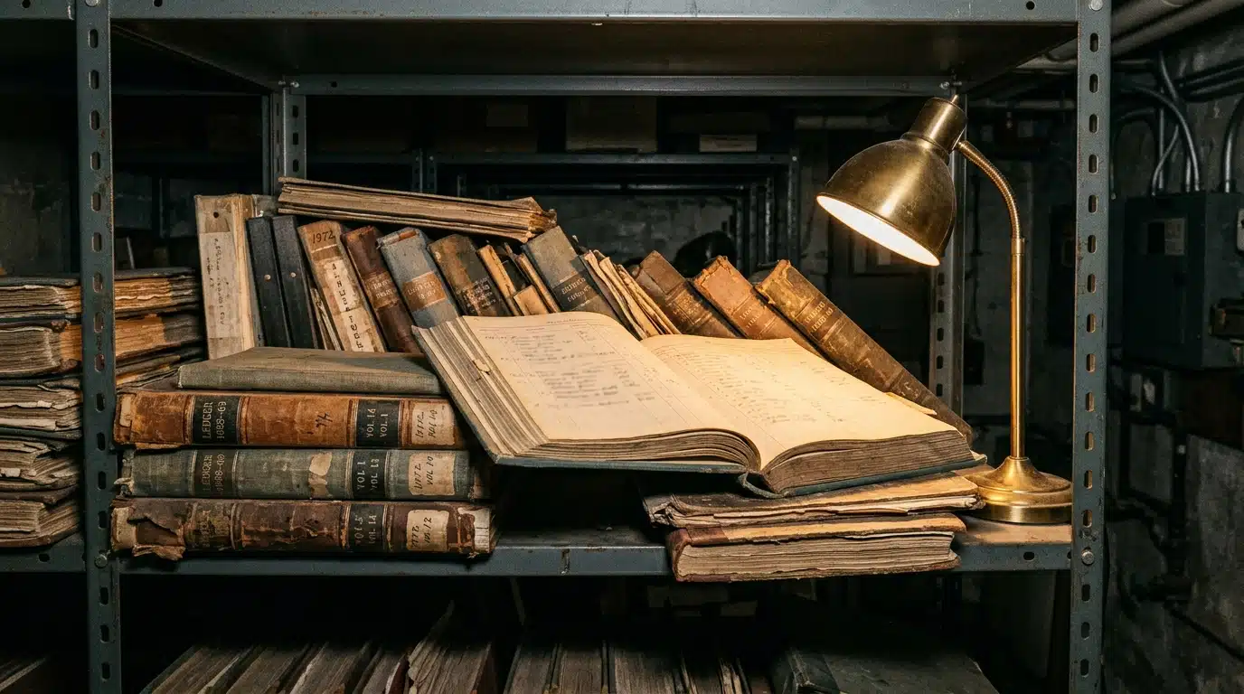 Vieux registres d'archives empilés dans un sous-sol d'hôpital