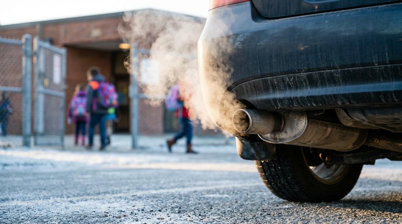 Pot d'échappement fumant par temps froid près d'une école