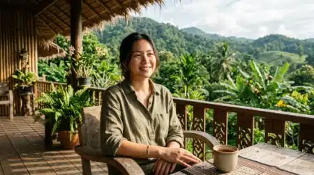 Jeune femme souriante sur une terrasse tropicale ensoleillée