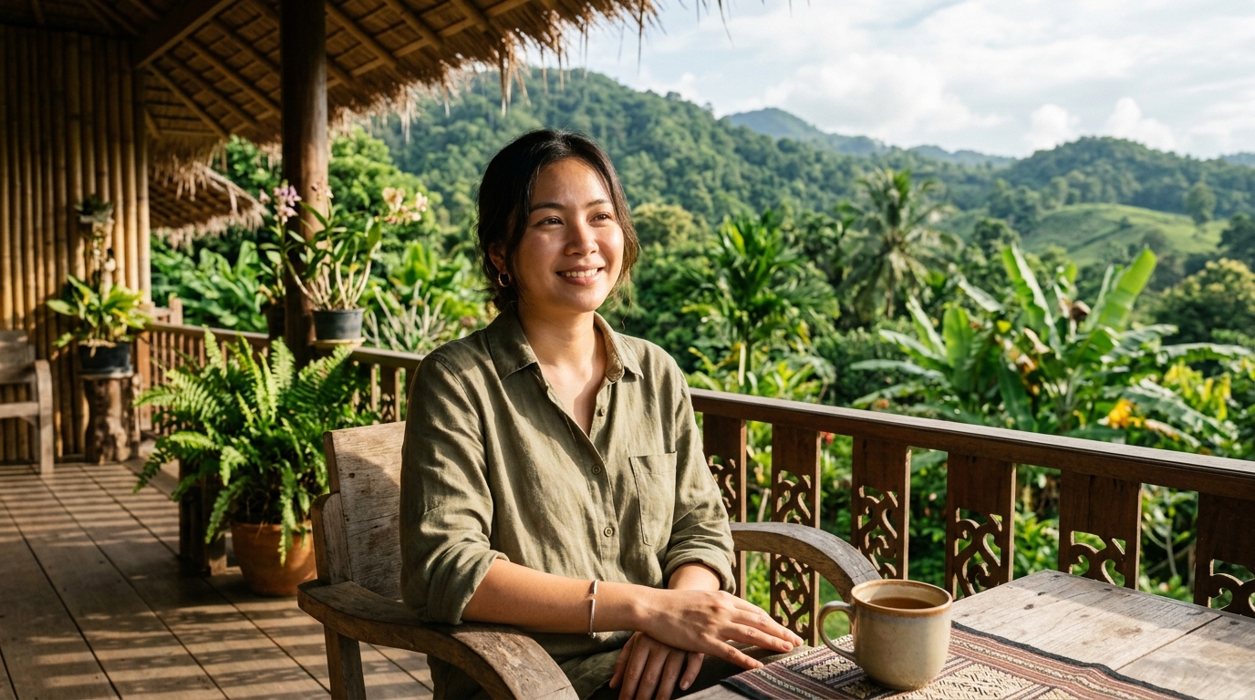 Jeune femme souriante sur une terrasse tropicale ensoleillée