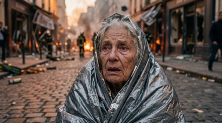 Femme âgée sous couverture de survie sur une place parisienne