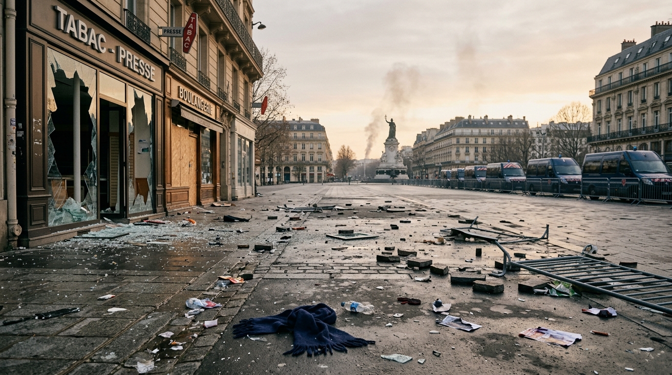 Verre brisé et débris devant une vitrine après les violences