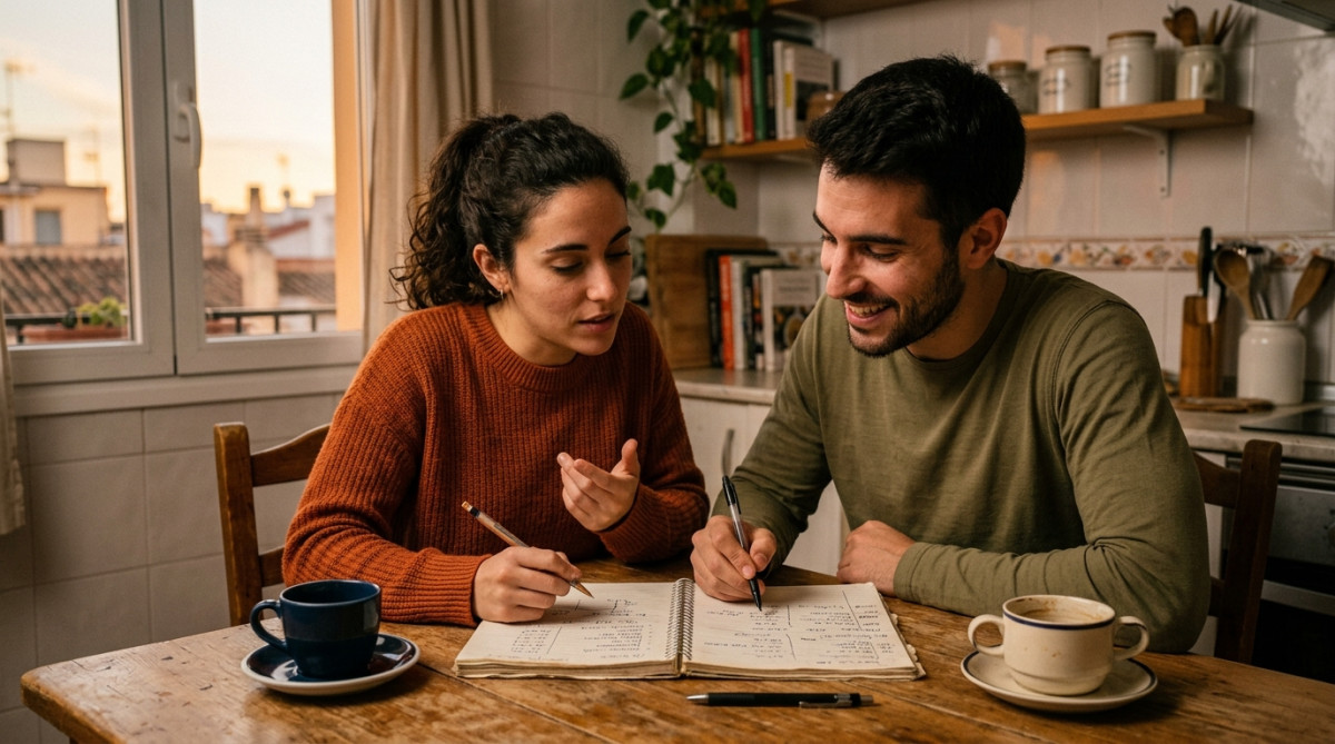 Un couple examine son budget mensuel à la table de la cuisine