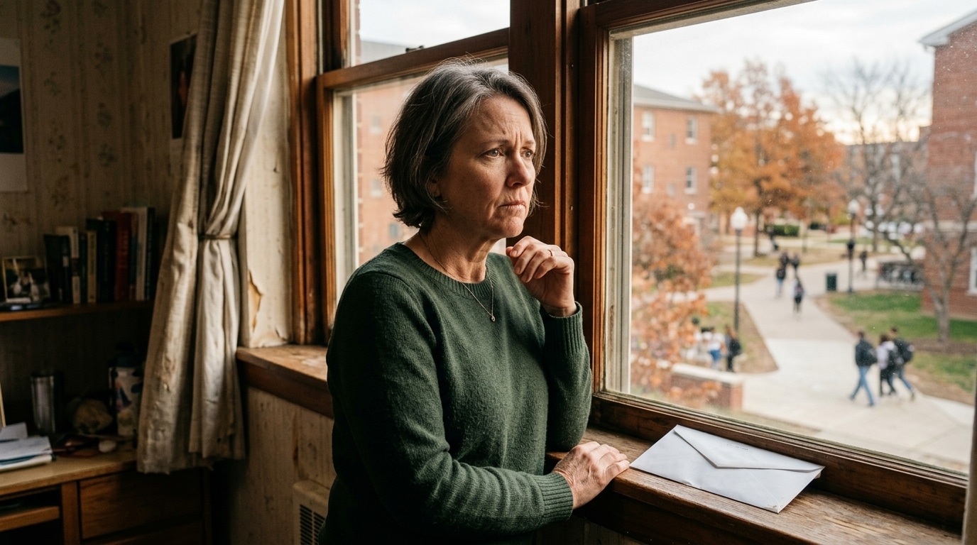 Femme inquiète à la fenêtre d'un logement, enveloppe sur le rebord