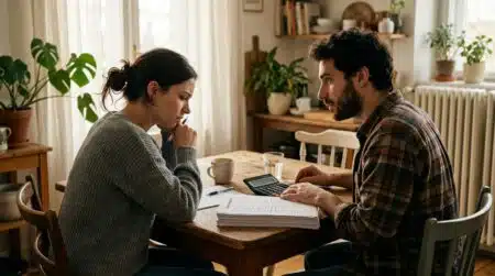 Jeune couple inquiet examinant un dossier de prêt