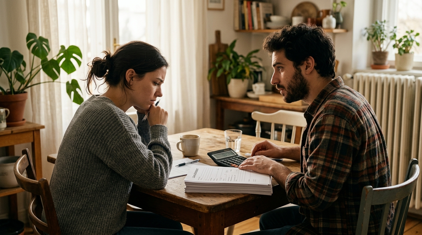 Jeune couple inquiet examinant un dossier de prêt