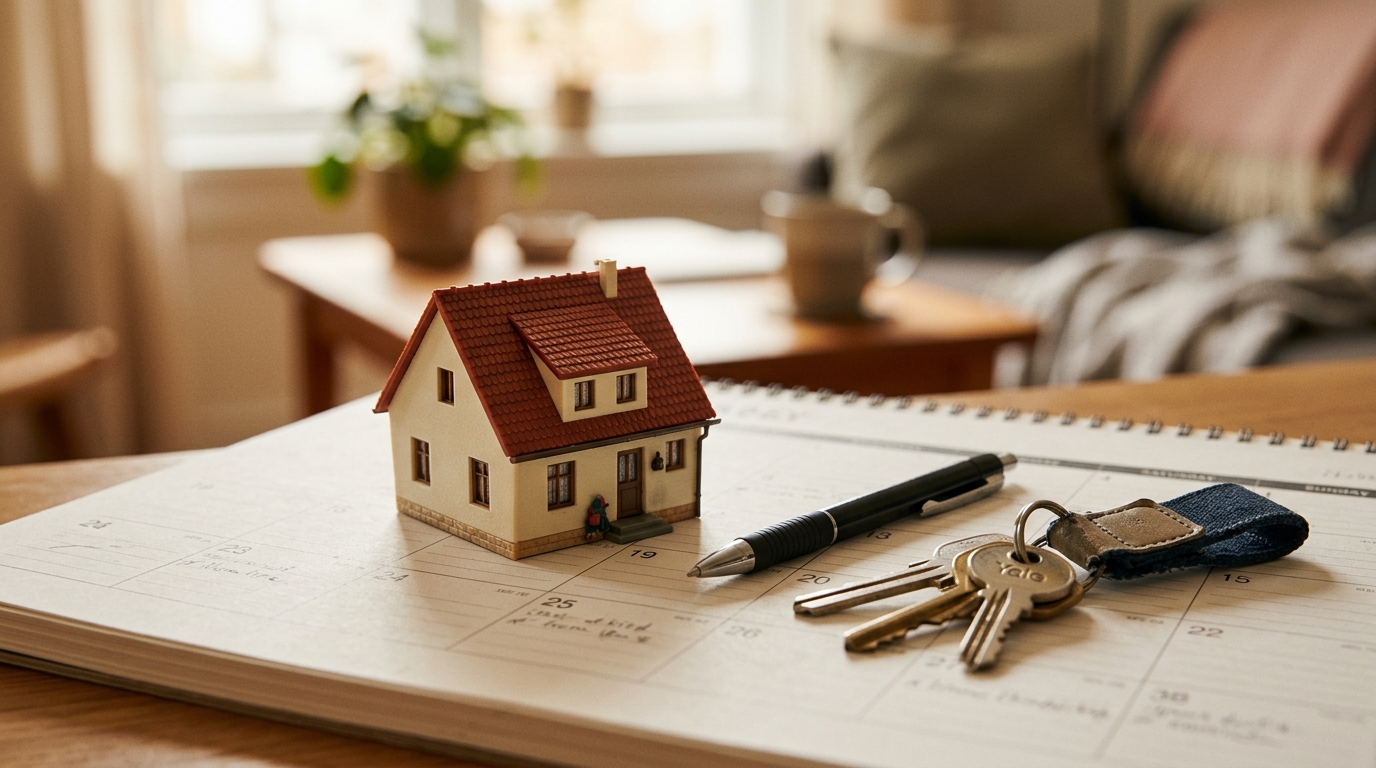 Maquette de maison, clés et calendrier sur une table