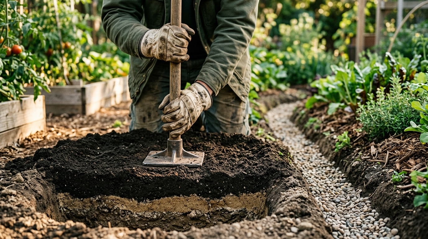 Mains gantées compactant une couche de terre dans un jardin