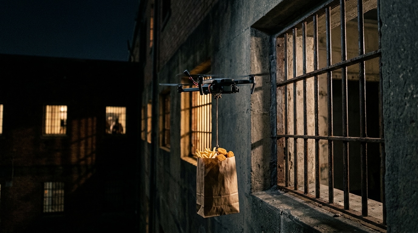 Drone transportant un sac de fast-food devant une fenêtre grillagée