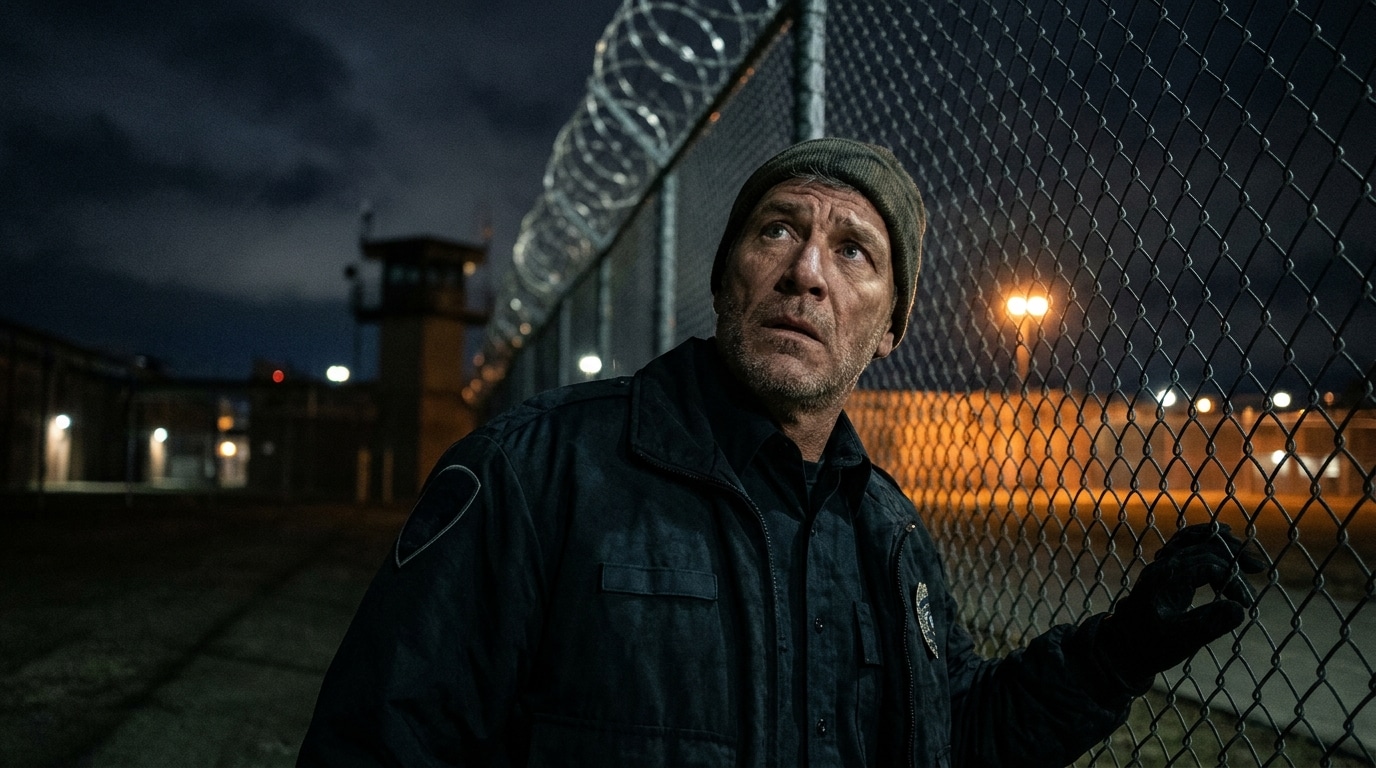 Gardien de prison inquiet regardant le ciel nocturne