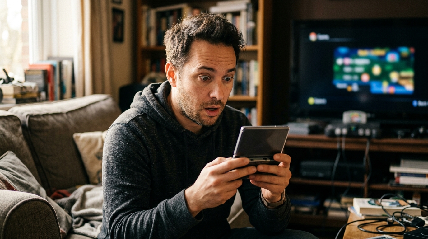 Joueur stupéfait tenant un petit appareil électronique démonté